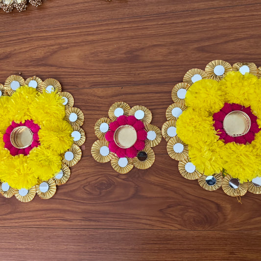 Artificial Marigold and Pom-Pom Rangoli Mats - Set of 3