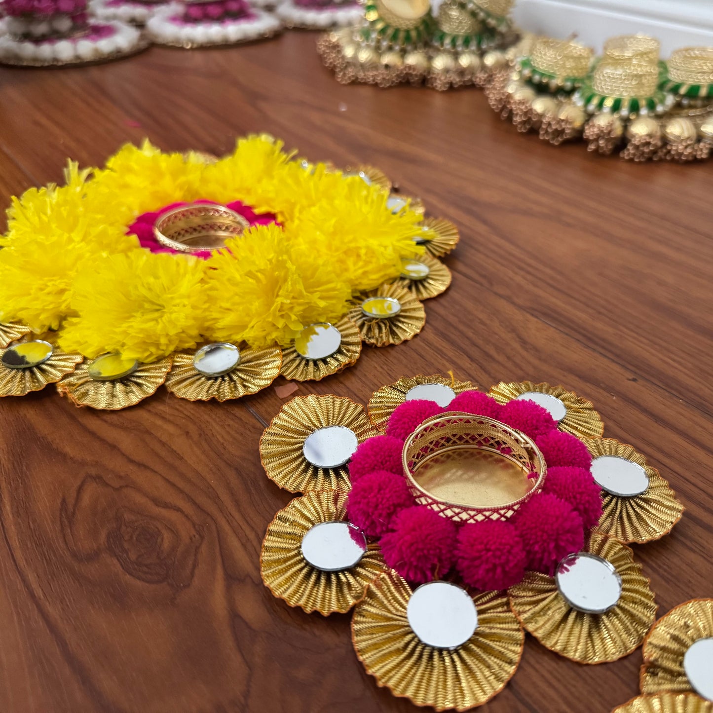 Artificial Marigold and Pom-Pom Rangoli Mats - Set of 3