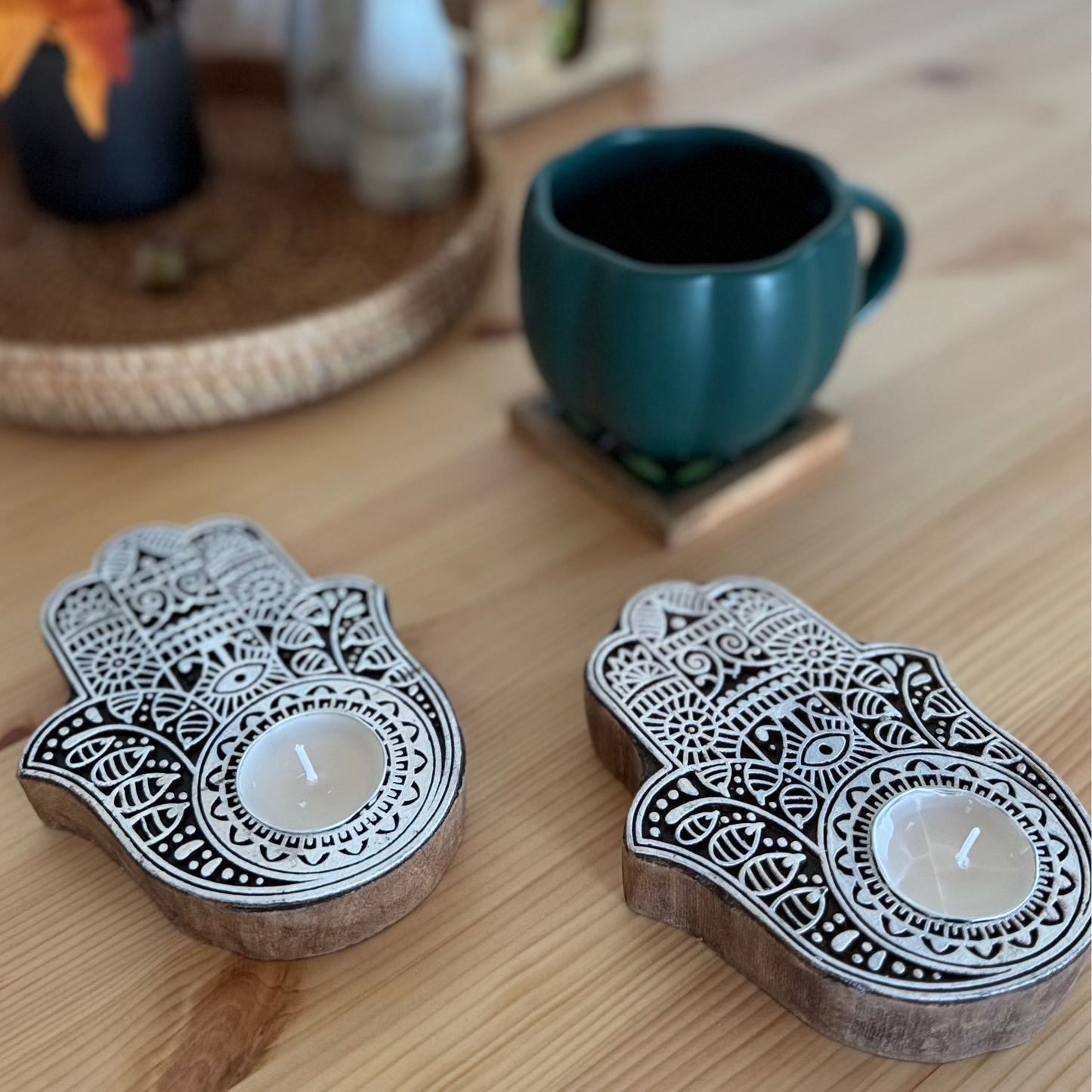 Hamsa Design Wooden Tea Light Holder