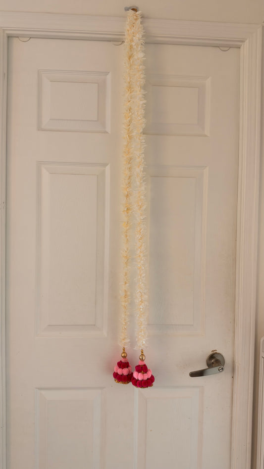 White Jasmine Garland with Pink Pom-Pom Tassels