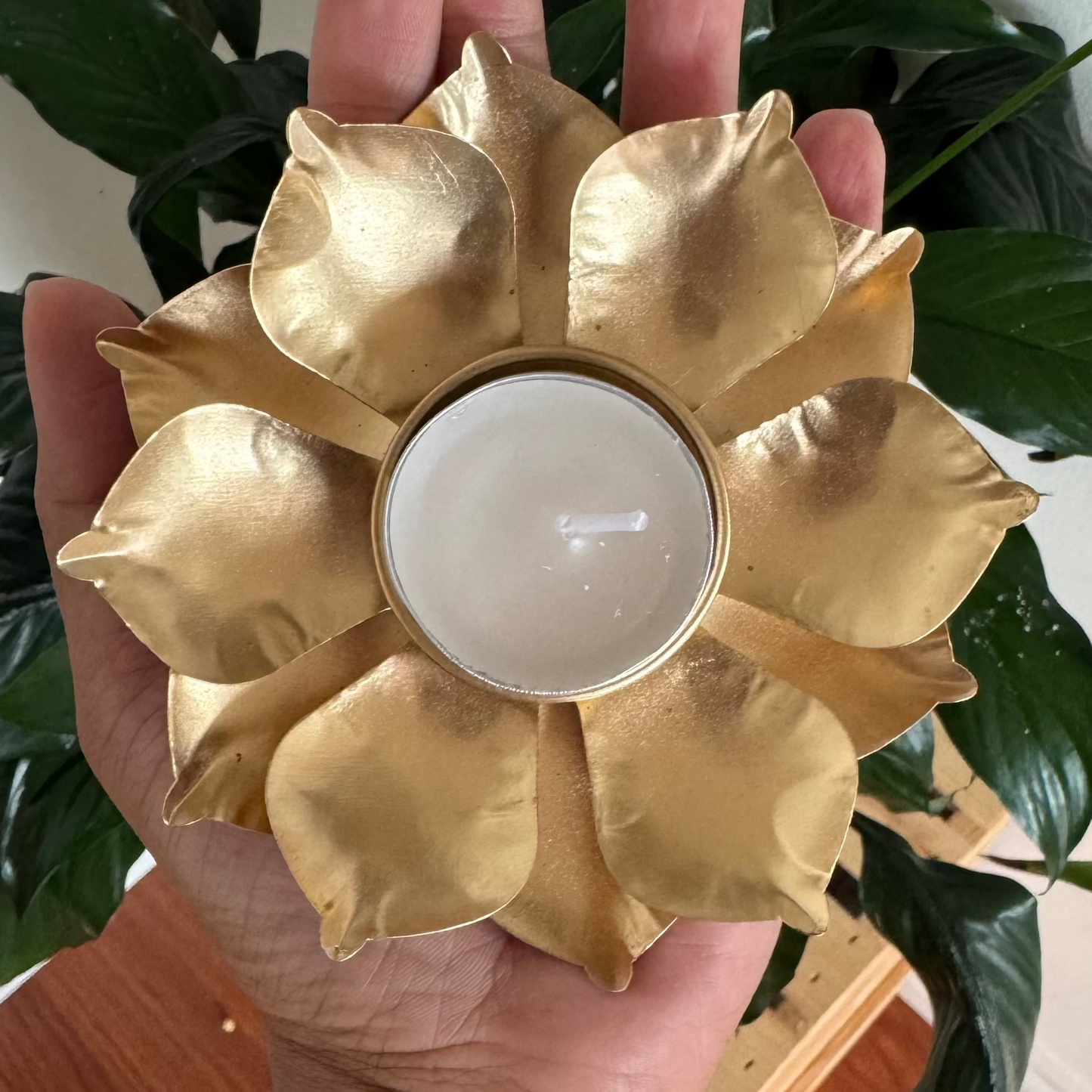 Gold lotus shaped candle holder held by a hand with plants in the background