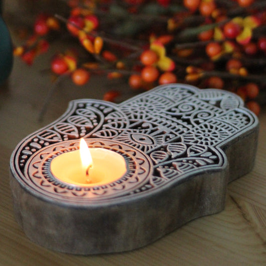 Hamsa Design Wooden Tea Light Holder