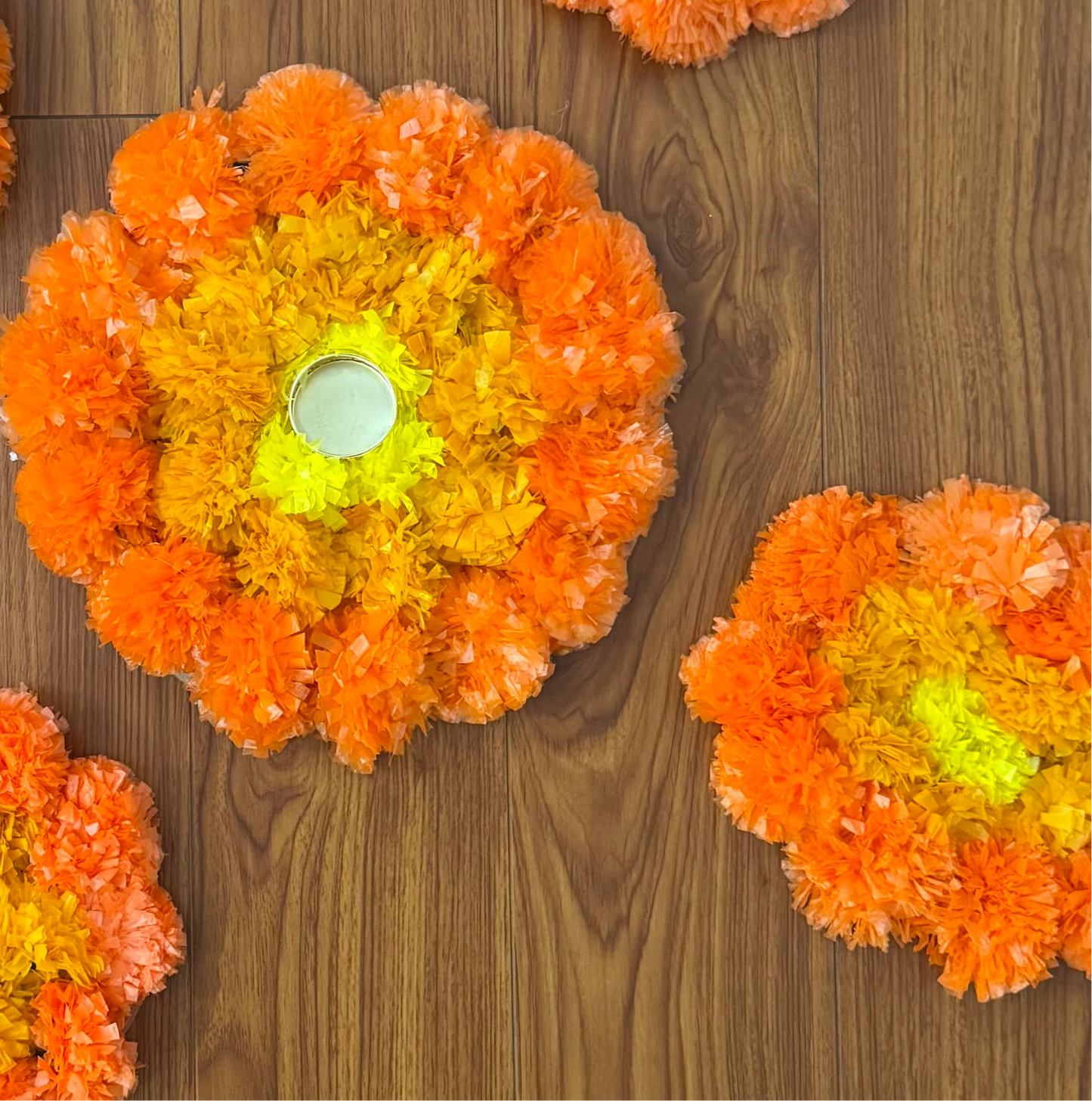 Orange Blends Artificial Marigold Rangoli Mat with Tea Light Centre