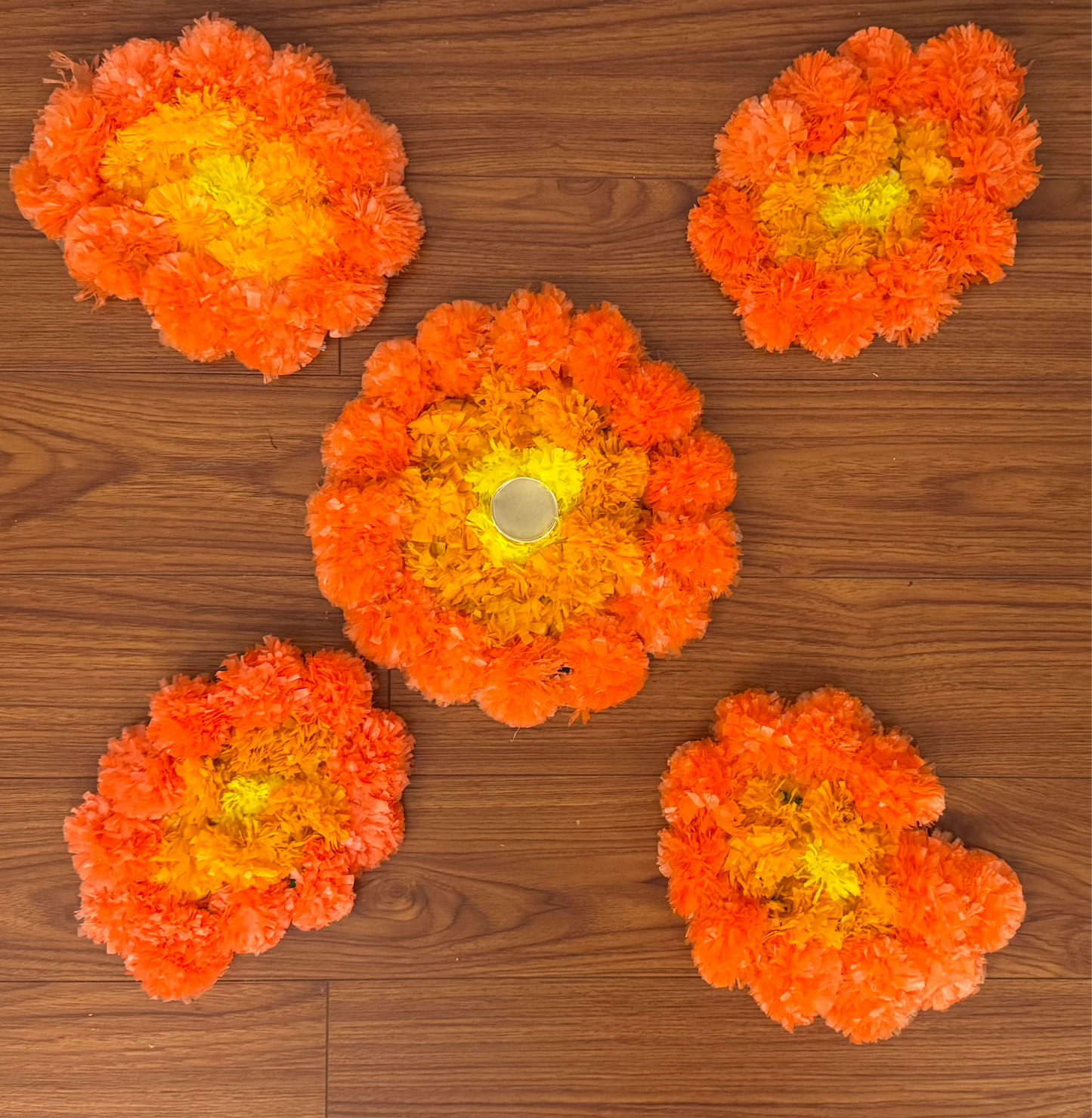 Orange Blends Artificial Marigold Rangoli Mat with Tea Light Centre