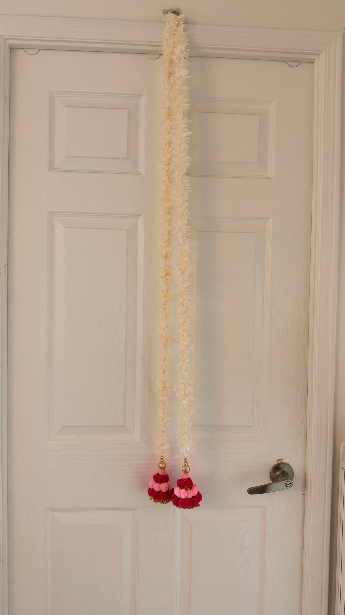 White Jasmine Garland with Pink Pom-Pom Tassels