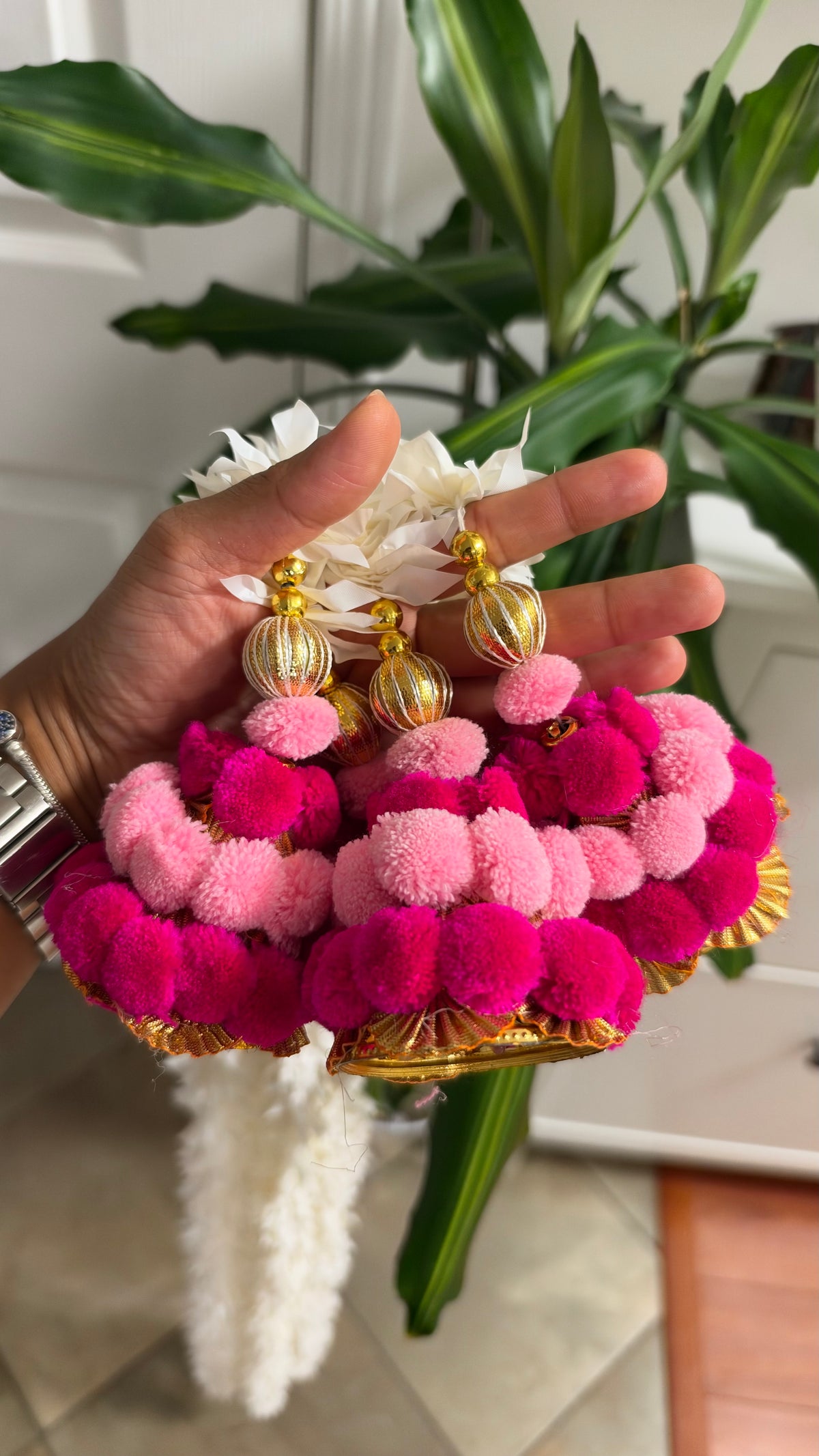 White Jasmine Garland with Pink Pom-Pom Tassels