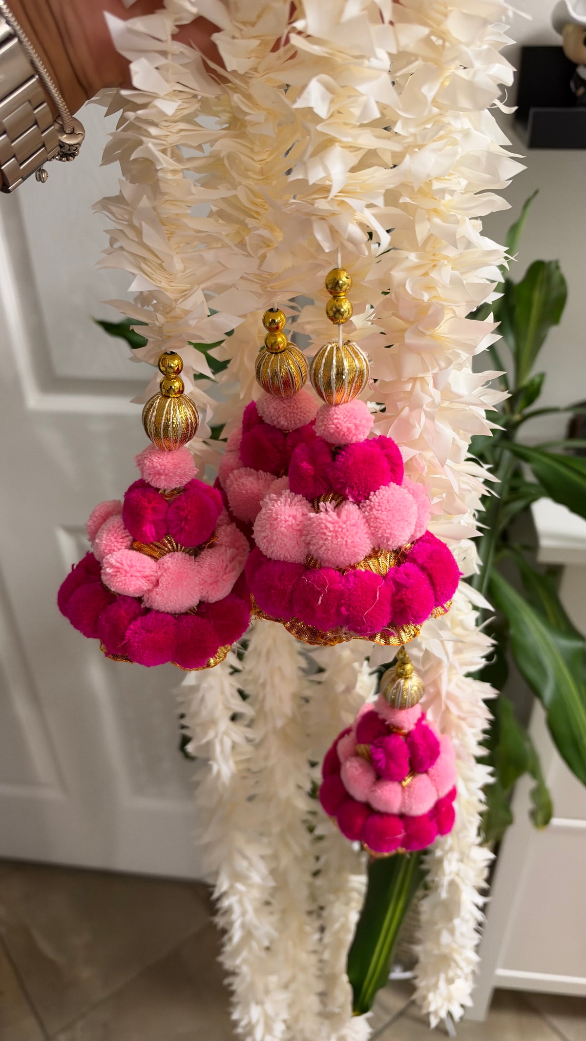 White Jasmine Garland with Pink Pom-Pom Tassels