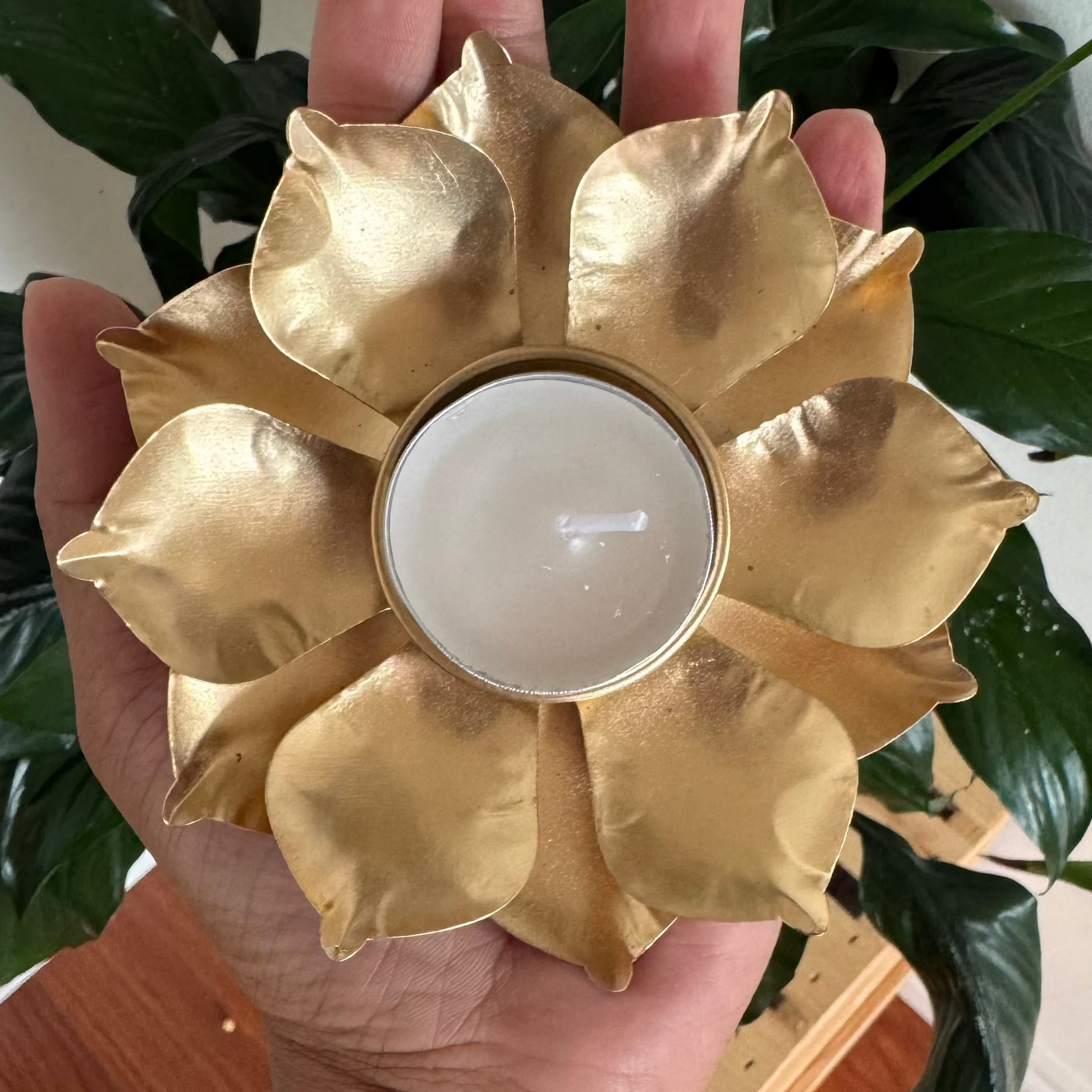 Gold lotus shaped candle holder held by a hand with plants in the background