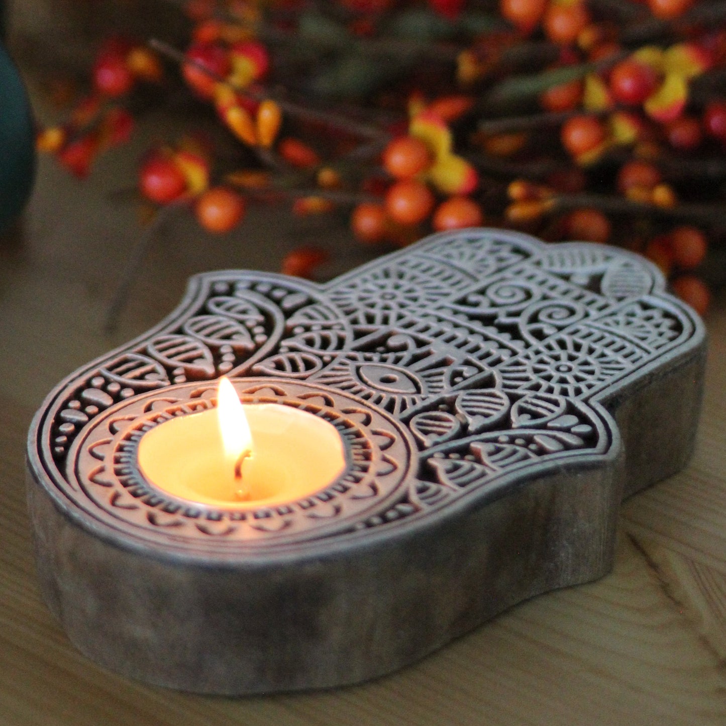 Hamsa Design Wooden Tea Light Holder