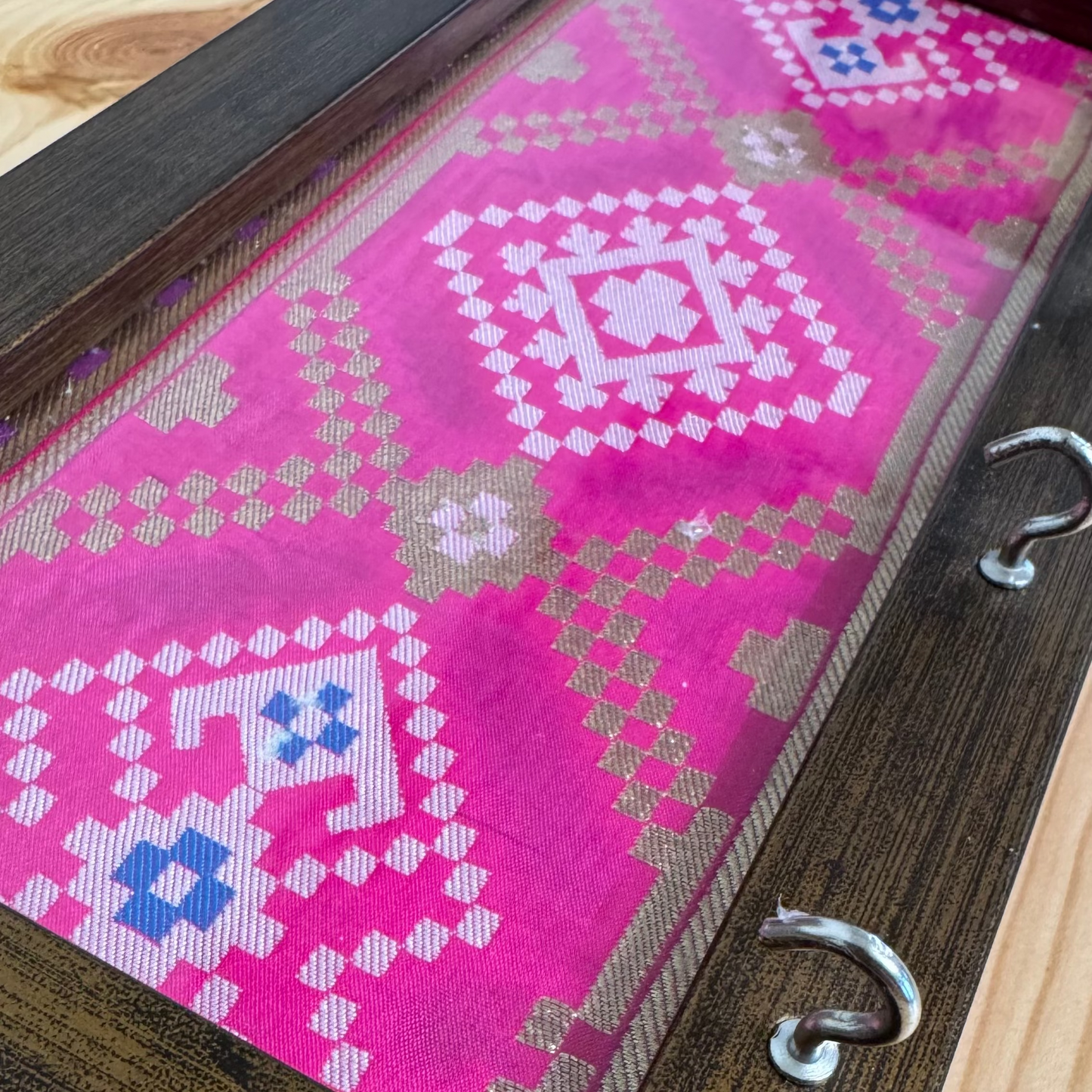 Key Holder pink fabric with geometric Ikat patterns.
